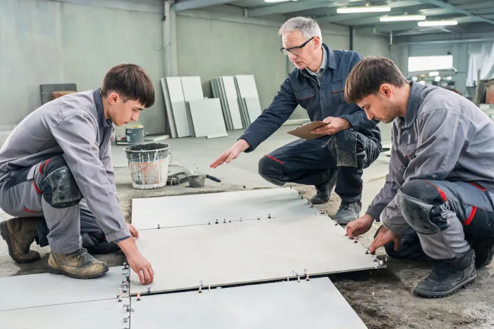 Apprentices learning tile installation techniques