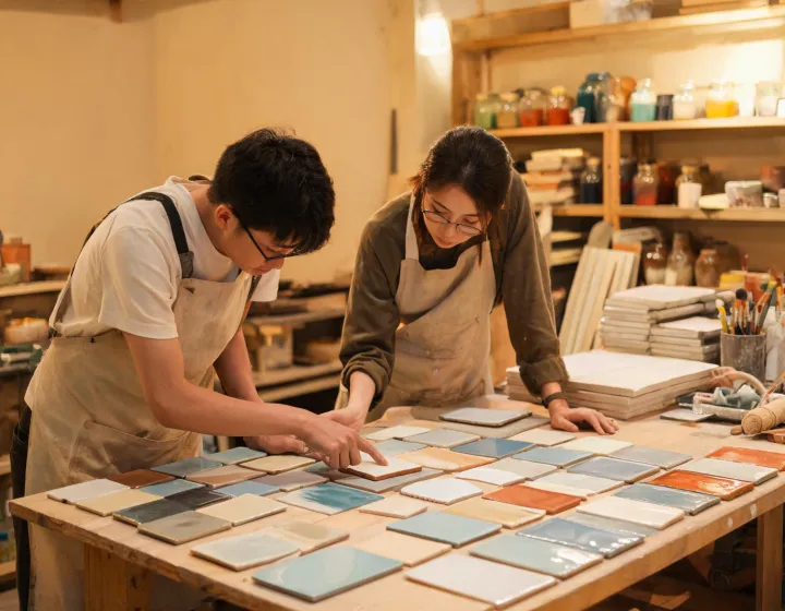 Florida Tile craftspeople reviewing glaze samples