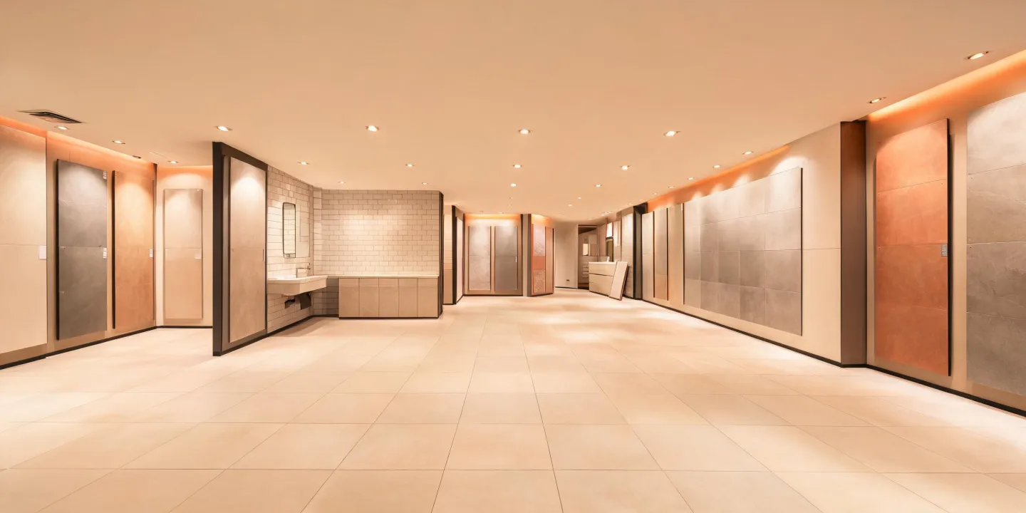 Florida Tile porcelain showroom with warm stone-look floor displays