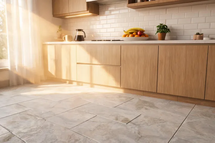 Kitchen inspiration scene with stone-look porcelain
