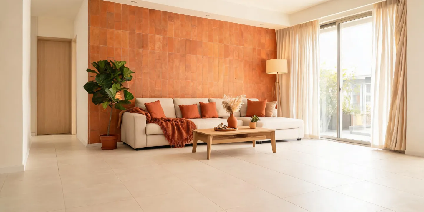 Inspired living room with porcelain tile flooring and warm accents