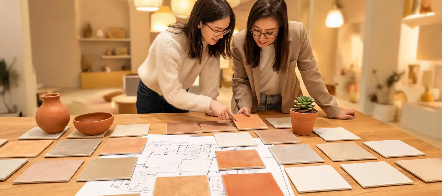 Designers reviewing tile samples on a project table